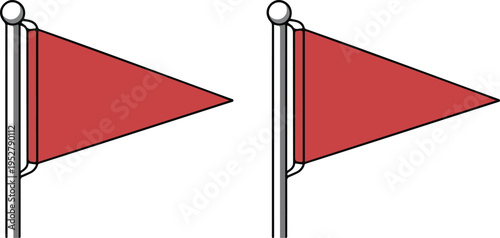 Set of two red triangular pennant flags on poles minimalist vector illustration isolated on white background