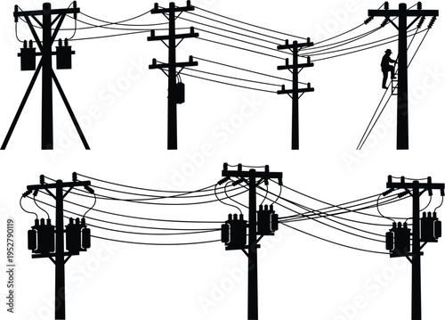 Utility poles with transformers and worker silhouette illustration, electrical infrastructure maintenance artwork, power distribution design concept, black and white vector template set