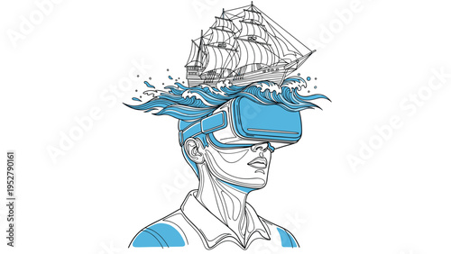Creative illustration of a man wearing virtual reality goggles with a sailing ship and ocean waves emerging from his head.