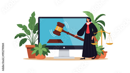 Online legal services concept featuring a judge in a black robe holding a gavel inside a computer monitor screen.