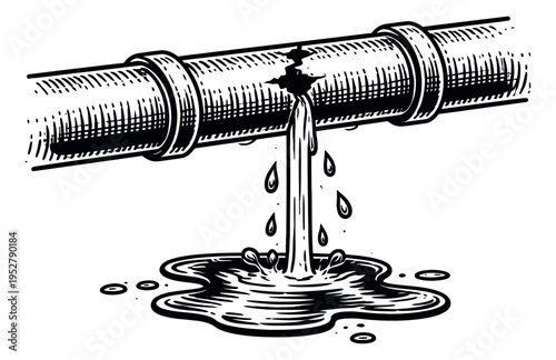 Hand drawn line art illustration of a broken pipe depicting water leaking and pooling for plumbing and repair services