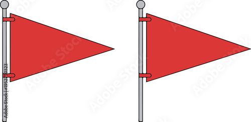 Set of two red triangular pennant flags on poles minimalist vector illustration isolated on white background