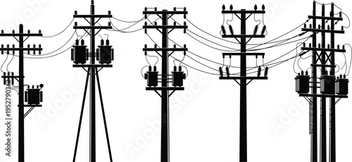 Utility poles with transformers silhouette illustration, electrical infrastructure artwork, power distribution system design concept, black and white vector template set