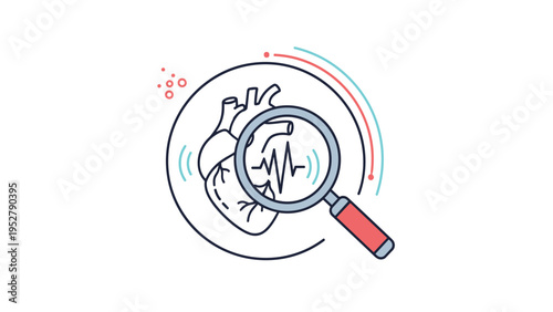 Detailed medical diagnosis of a human heart organ using a magnifying glass to monitor pulse and cardiovascular health.