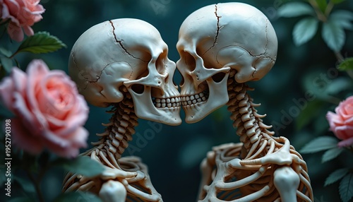 Two skeletons kiss romantically in soft pink roses, dark green leaves. Unique illustration explores themes of eternal love beyond death, making ideal for gothic romance symbolic art projects.