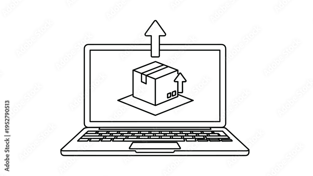 Fototapeta premium Outlined illustration of laptop computer with shipping box and upward arrows on screen representing digital delivery or upload.