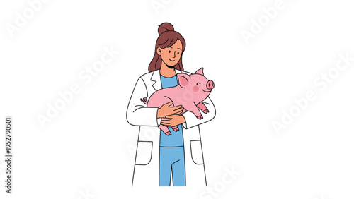 Friendly female veterinarian wearing white lab coat and blue scrubs gently holding a cute pink piglet against white background.