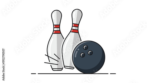 Black bowling ball striking white pins with red stripes representing action and success in popular indoor sports activities.