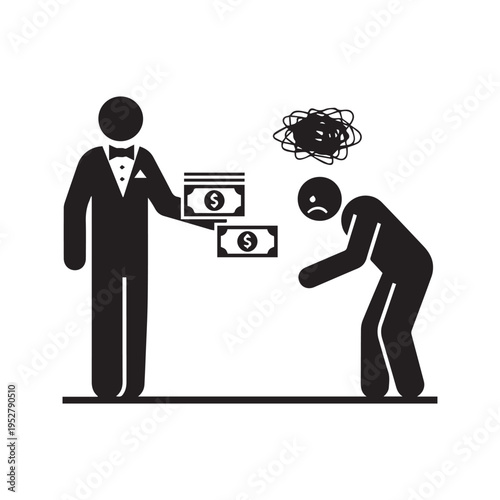 Vector Icon of a Rich Businessman Paying Money to a Sad Worker
