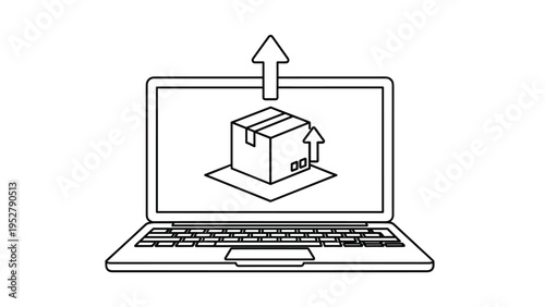 Outlined illustration of laptop computer with shipping box and upward arrows on screen representing digital delivery or upload.