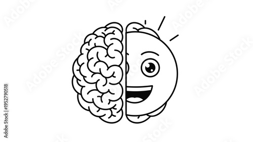 Creative illustration combining half human brain and half happy smiley face to represent mental health and positive thinking.