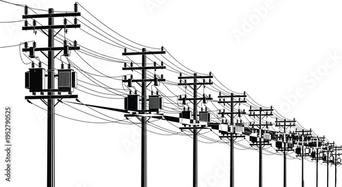 Utility poles with transformers silhouette illustration, electrical infrastructure artwork, power distribution system design concept, black and white vector template set