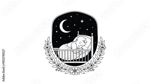Sleeping baby in classic crib under crescent moon and starry night sky enclosed in decorative floral wreath frame background.