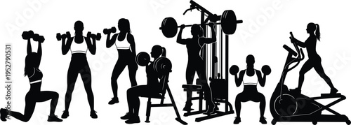 Gym workout silhouettes collection, strength training and cardio exercises, fitness vector illustration, athletic clipart artwork, bodybuilding design, health sport artwork, exercise poses