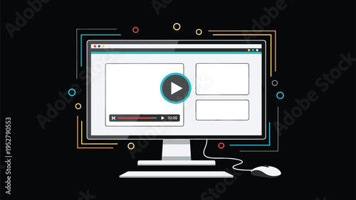 Professional desktop monitor displaying online video player interface surrounded by colorful abstract geometric lines and shapes.