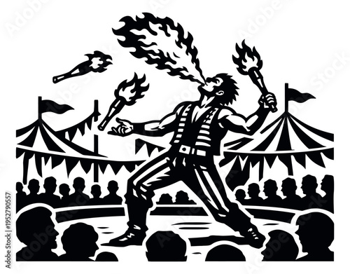 Bold graphic illustration of a fire breather depicting breathing fire for a circus performance