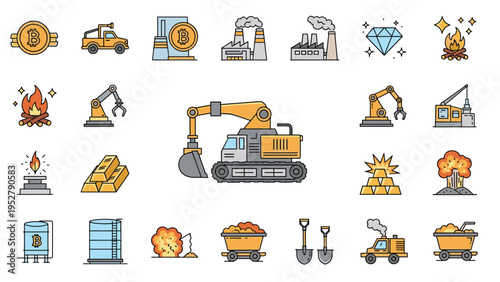 Comprehensive set of color icons depicting mining equipment industrial machinery fuel storage and natural resources extraction.