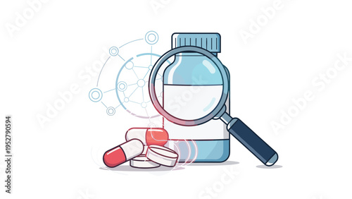 Large magnifying glass inspecting blue medicine bottle and assorted medical pills representing pharmaceutical research and analysis.