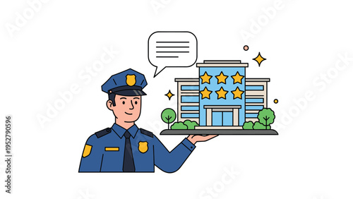 Police officer in uniform holding service tray with five star rated building model representing high quality public safety.
