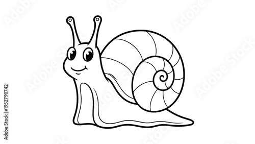 Simple black and white line art drawing of happy cartoon snail with spiraled shell and smiling face for coloring activities.