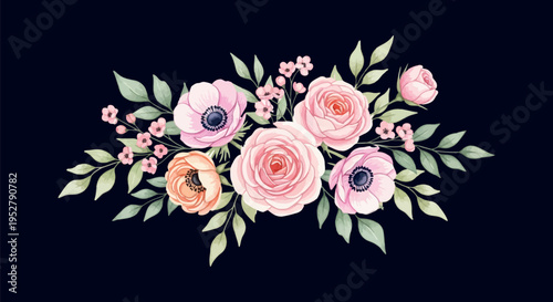 Elegant watercolor floral bouquet with soft pink roses and anemones, complemented by green leaves on a dark background.