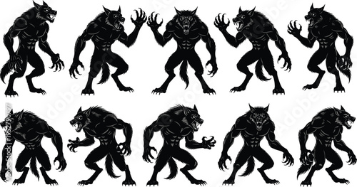 Werewolf silhouette illustration, fantasy monster artwork, horror creature design concept, black and white dark character vector template set