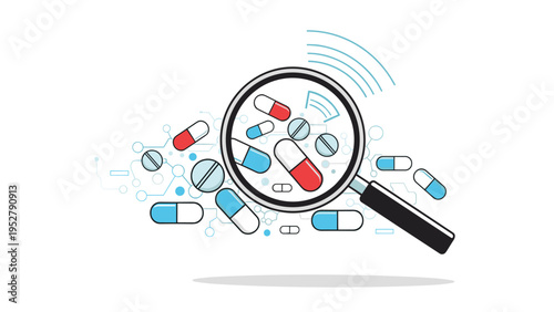 Close up inspection of medical pills and capsules through a magnifying glass symbolizing pharmaceutical research or safety.