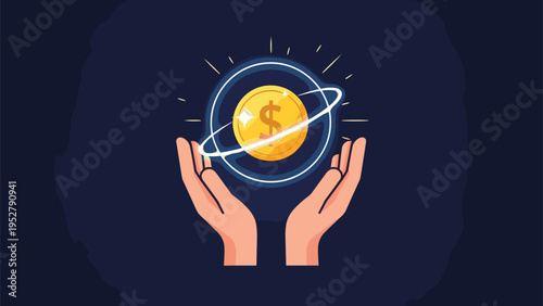 Human hands carefully holding a glowing gold dollar coin surrounded by an orbital ring representing financial investment.