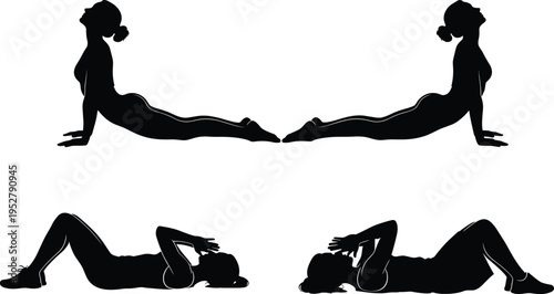Yoga and fitness silhouette illustration, upward facing dog pose, crunch exercise artwork, black and white vector template set
