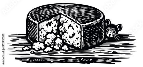 Hand drawn line art illustration of a mouse and cheese depicting a curious mouse peeking from behind a partially eaten cheese wheel for food and animal concepts