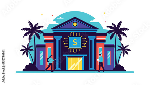 Modern financial building design featuring a microchip dollar sign logo surrounded by palm trees in a tropical setting.