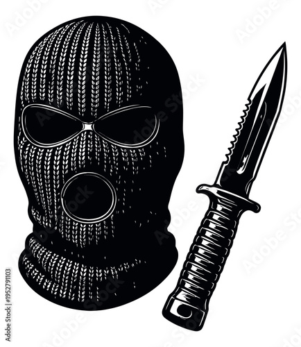 Hand drawn crime elements set featuring a balaclava and a tactical knife for security concepts