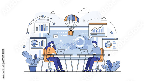 Business team working on laptops with data visualization screens and a parachute delivery representing agile operations.