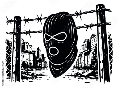 Gritty graphic illustration of a balaclava depicting it hanging on a barbed wire fence against a ruined cityscape for themes of crime and resistance