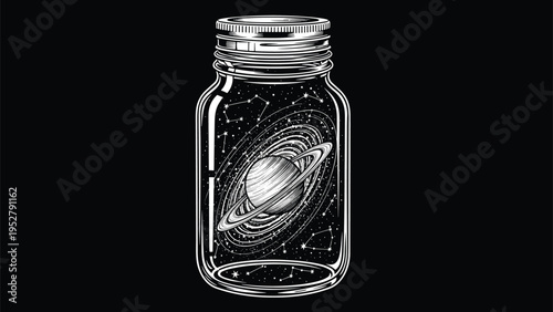 Detailed hand drawn illustration of the planet Saturn with its rings captured inside a glass jar on black background.