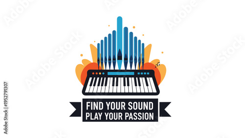 Musical logo featuring pipe organ tubes above a piano keyboard with the text find your sound play your passion.