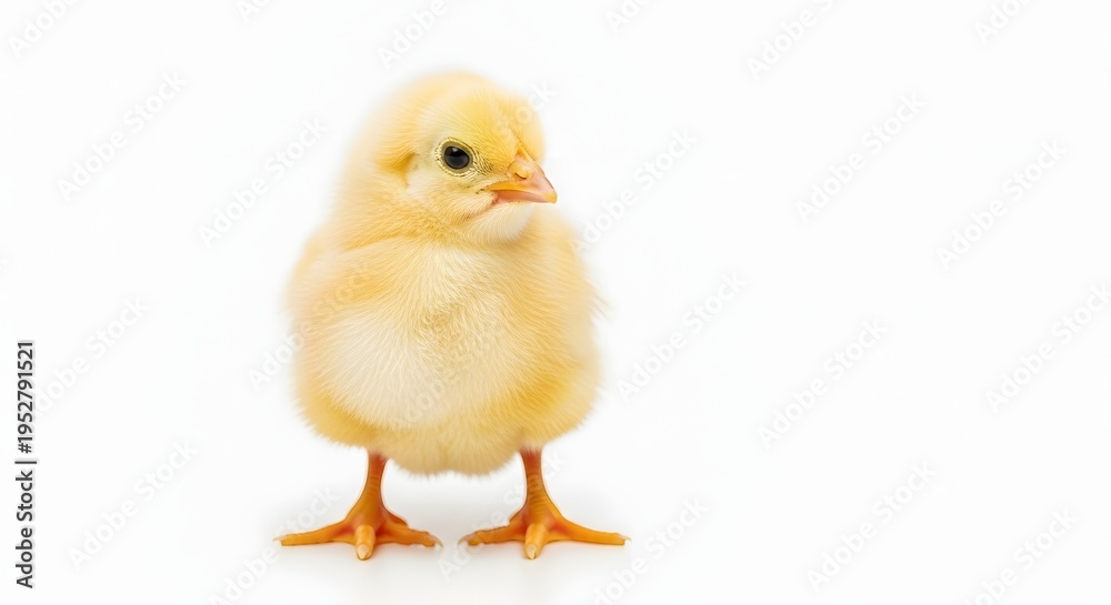 Fototapeta premium A small yellow chick standing on a white background looking cute