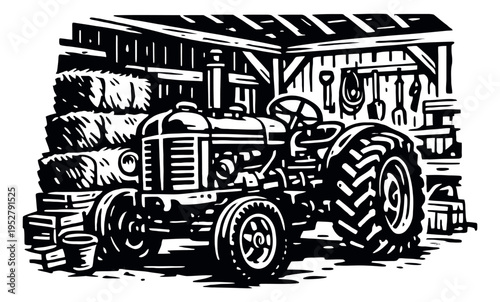 Hand drawn illustration of a vintage farm tractor depicting it parked inside a rustic barn filled with hay bales and tools for agriculture and rural themes