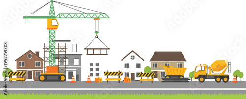 Road construction site vector illustration with crane, dump truck, cement mixer and urban buildings, infrastructure development concept