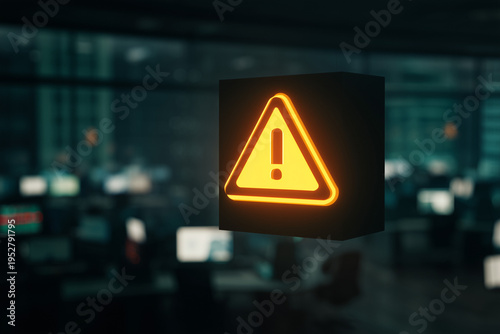 Warning sign icon displayed on glass wall in modern office environment, representing caution, risk alert and safety awareness in corporate workspace