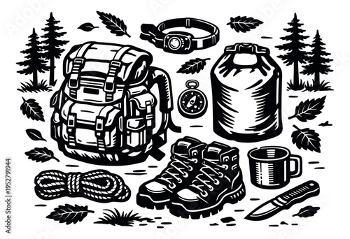 Hand drawn line art outdoor equipment set featuring a backpack, hiking boots, compass, and camping accessories for outdoor adventures