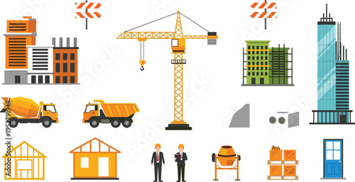 Construction industry vector set with buildings, crane, trucks, materials and engineers, urban development and engineering illustration