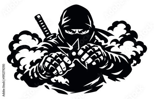 Graphic illustration of a ninja warrior depicting him emerging from smoke with a shuriken for martial arts designs