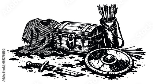 Grungy hand drawn medieval gear set featuring chainmail, a treasure chest, a quiver with arrows, a shield, and a sword for fantasy adventure themes
