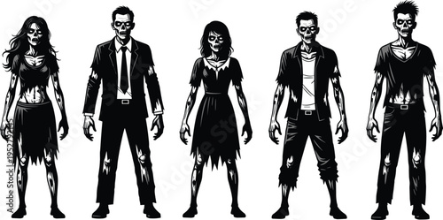 Zombie silhouettes horror characters, creepy undead vector illustration, spooky Halloween artwork, post-apocalyptic design, scary monster clipart, skeletal creature poses, dark comic style