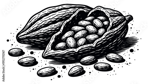 Hand drawn line art cocoa pods set featuring ripe cacao beans and whole pods for chocolate product design
