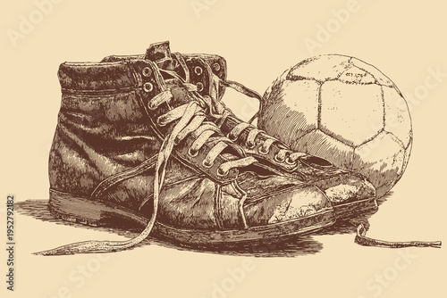 Silhouette illustration of vintage-style soccer cleats and a soccer ball; vector background.