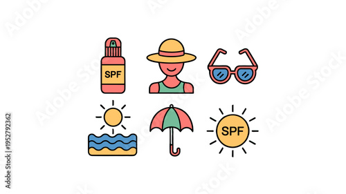 Summer essential items like a hat, sunglasses, sun cream and an umbrella.