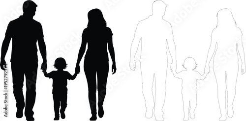 Family Walking Silhouette Parents and Child Holding Hands Happy Family Concept Vector Illustration Black and Outline Isolated on White Background
