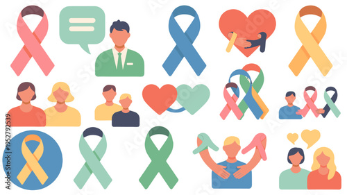 Diverse collection of awareness ribbons and related graphics, promoting support and solidarity for various causes.